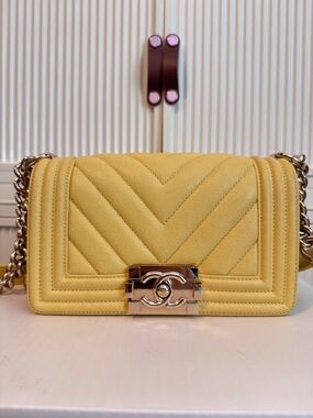 CHANEL Yellow Quilted Chevron Boy Crossbody Bag